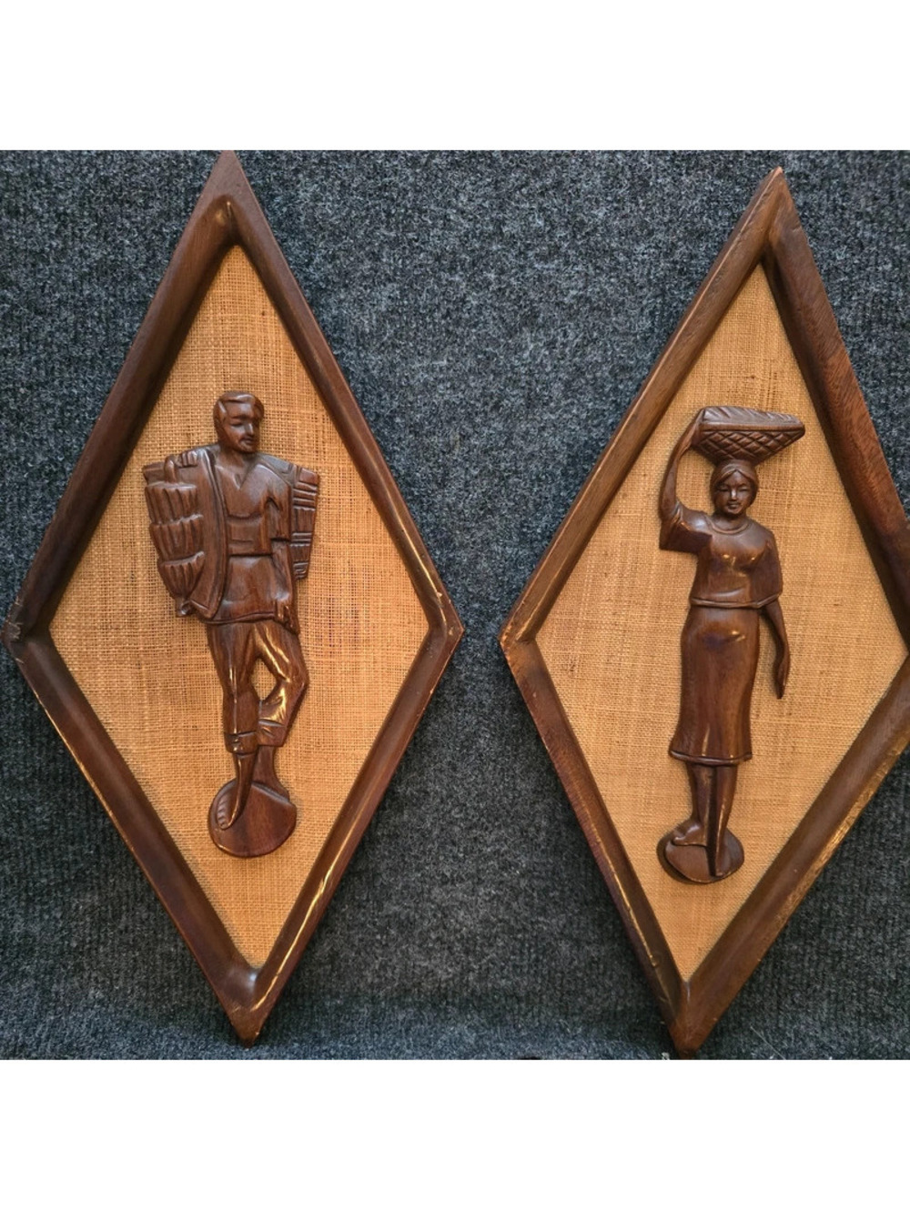 Vintage MCM Carved Teak Wood Wall Plaques Set Diamond Burlap Man Woman Art Pair